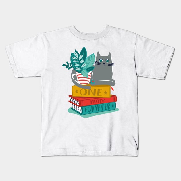 One more chapter // spot // black background grey cat striped mug with plants orange teal and yellow books with quote Kids T-Shirt by SelmaCardoso